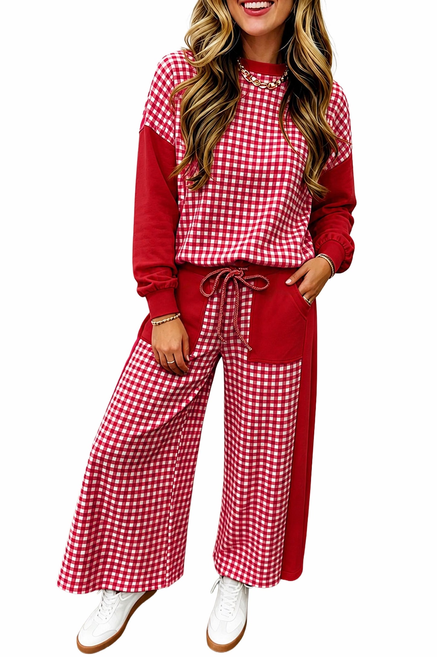 Red gingham, oversized pant set