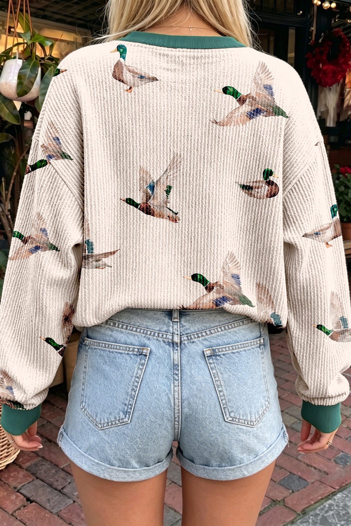 Beige Twisted Ribbed Duck Print
Crewneck Casual Pullover Top
