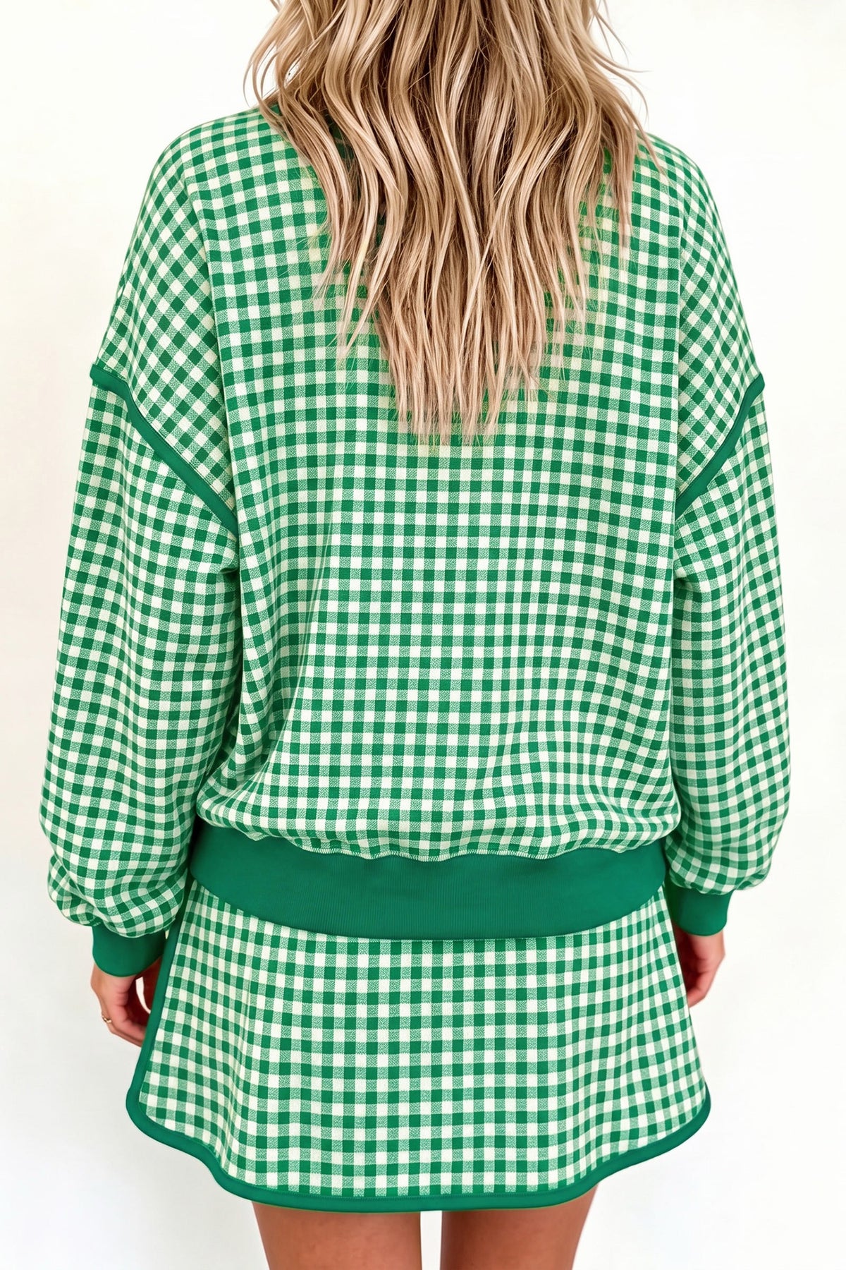 Green gingham, oversized, pullover skort set