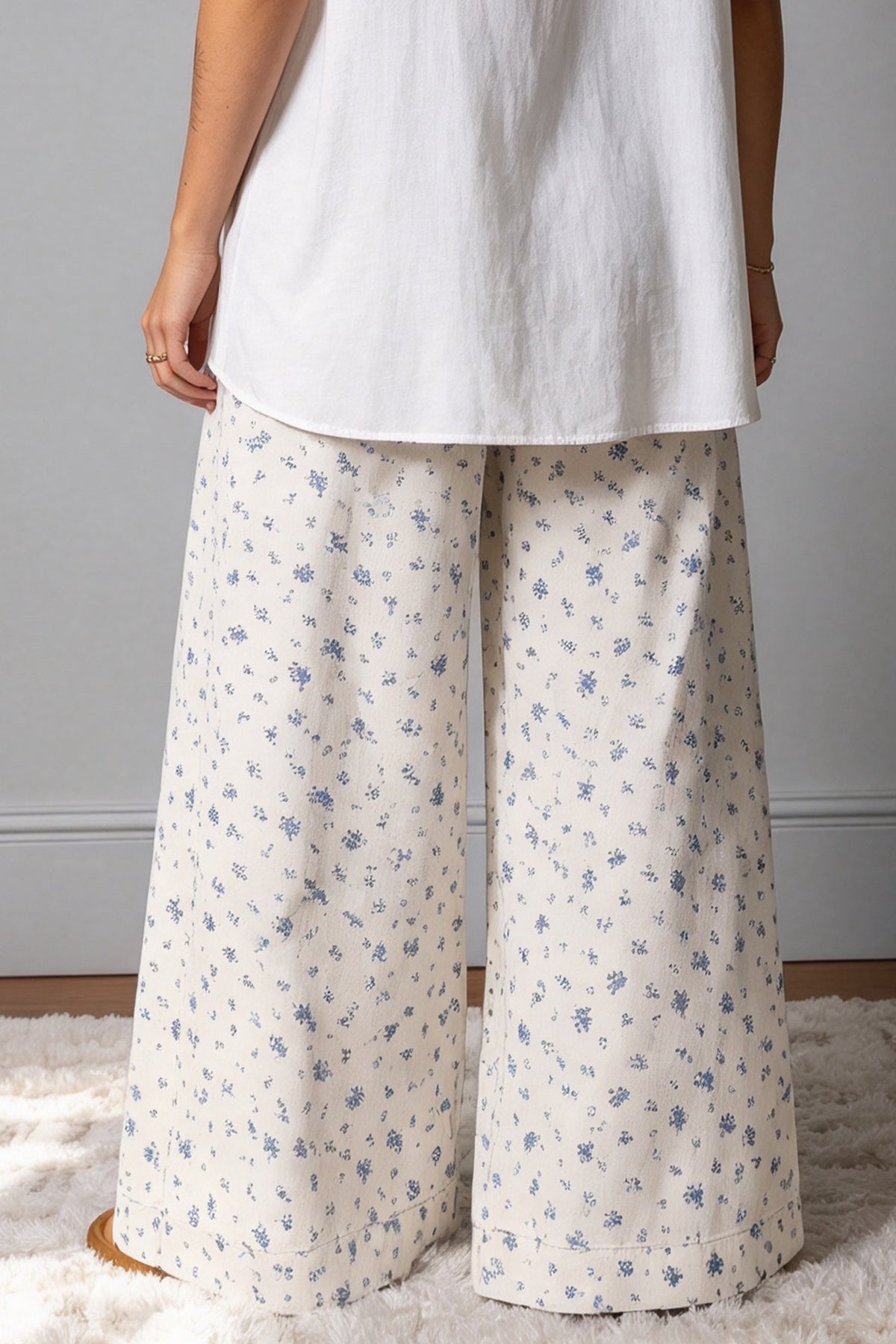 White floral Wide Leg Jeans