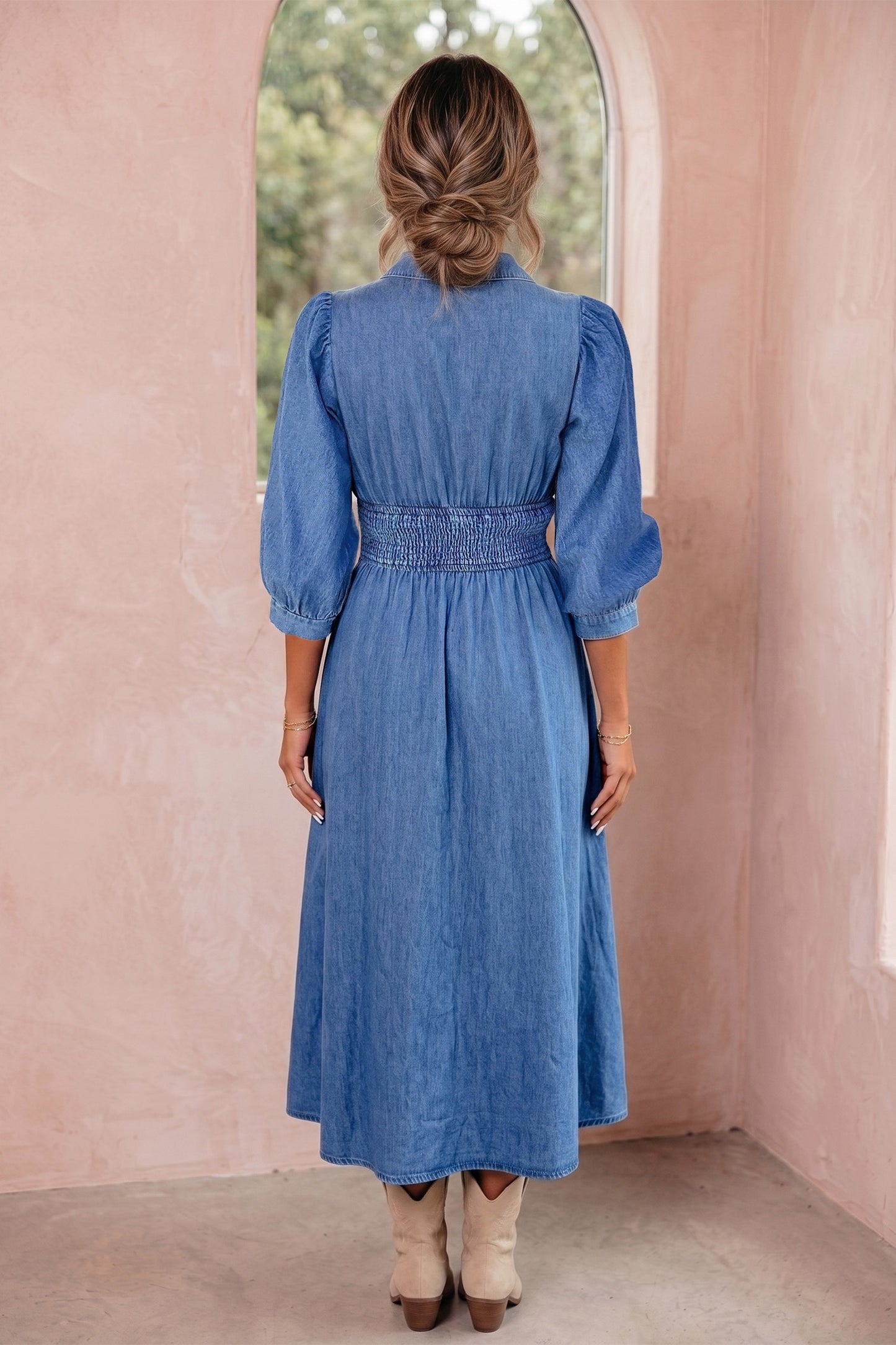 Blue V neck Shirred waist denim dress