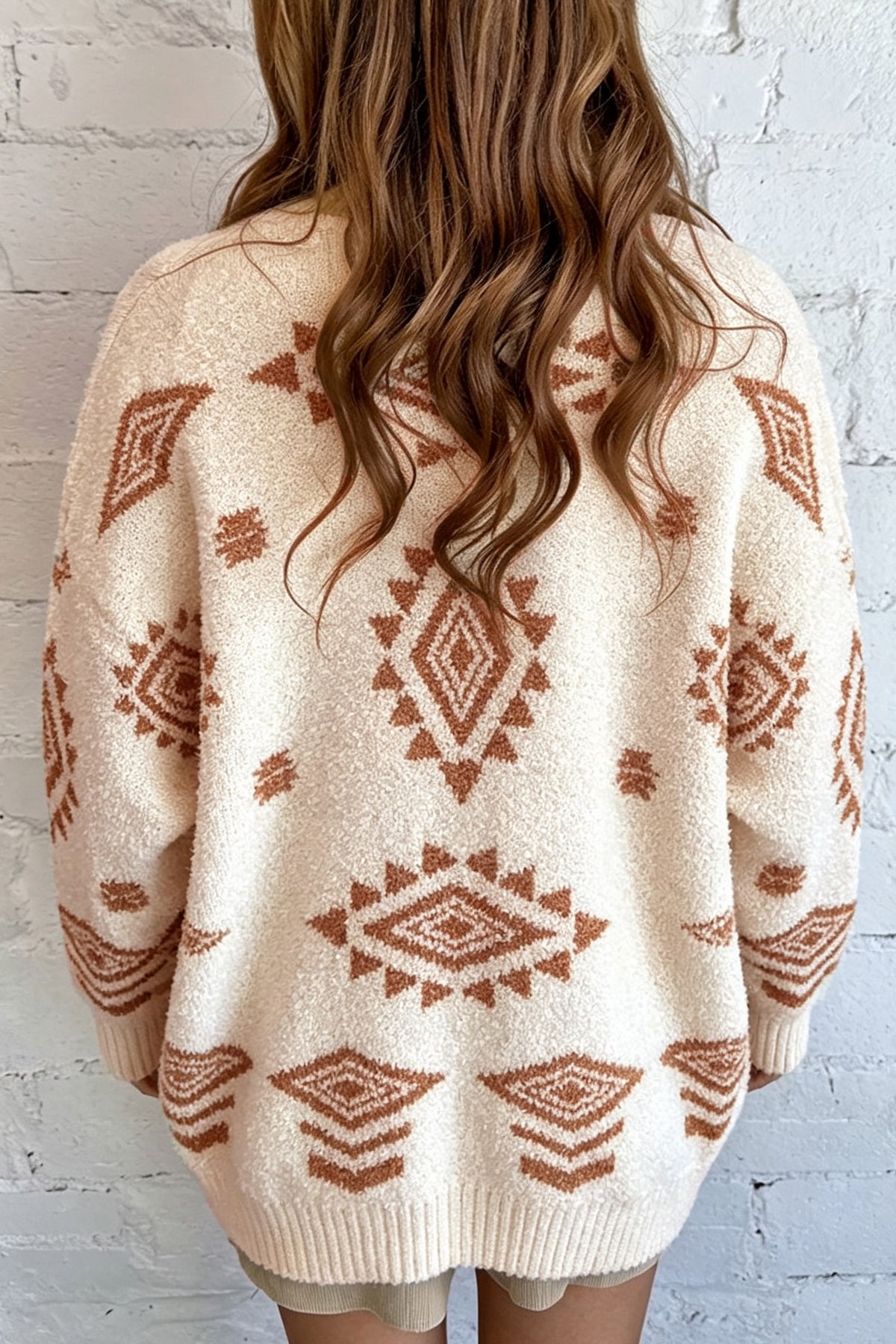 Oatmeal Fuzzy Aztec Print Open Knit
Sweater Tunic Cardigan
