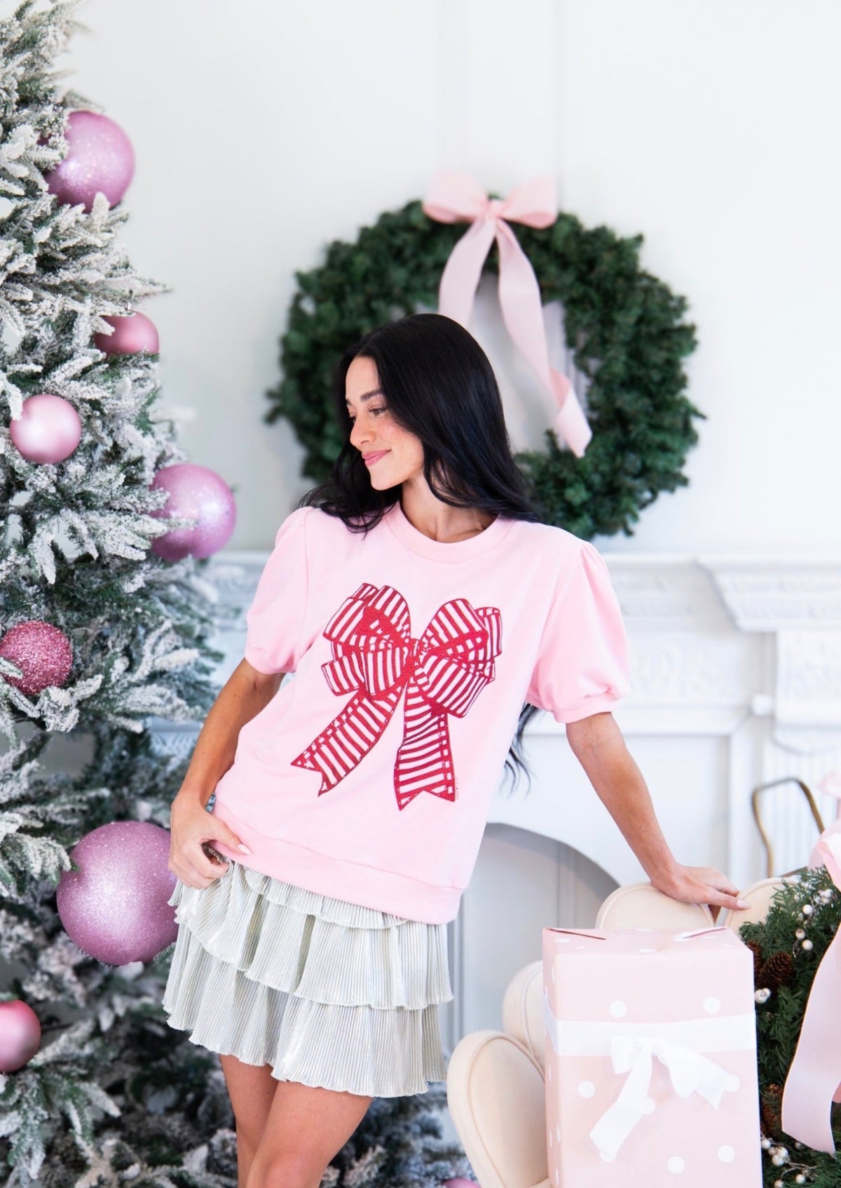 Puff Sleeve Glitter Bow Top