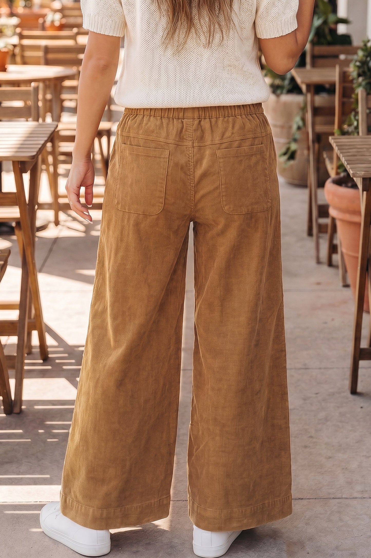 Thai Curry Elastic Waist Wooden Button
Placket Ankle Length Wide Leg Pant