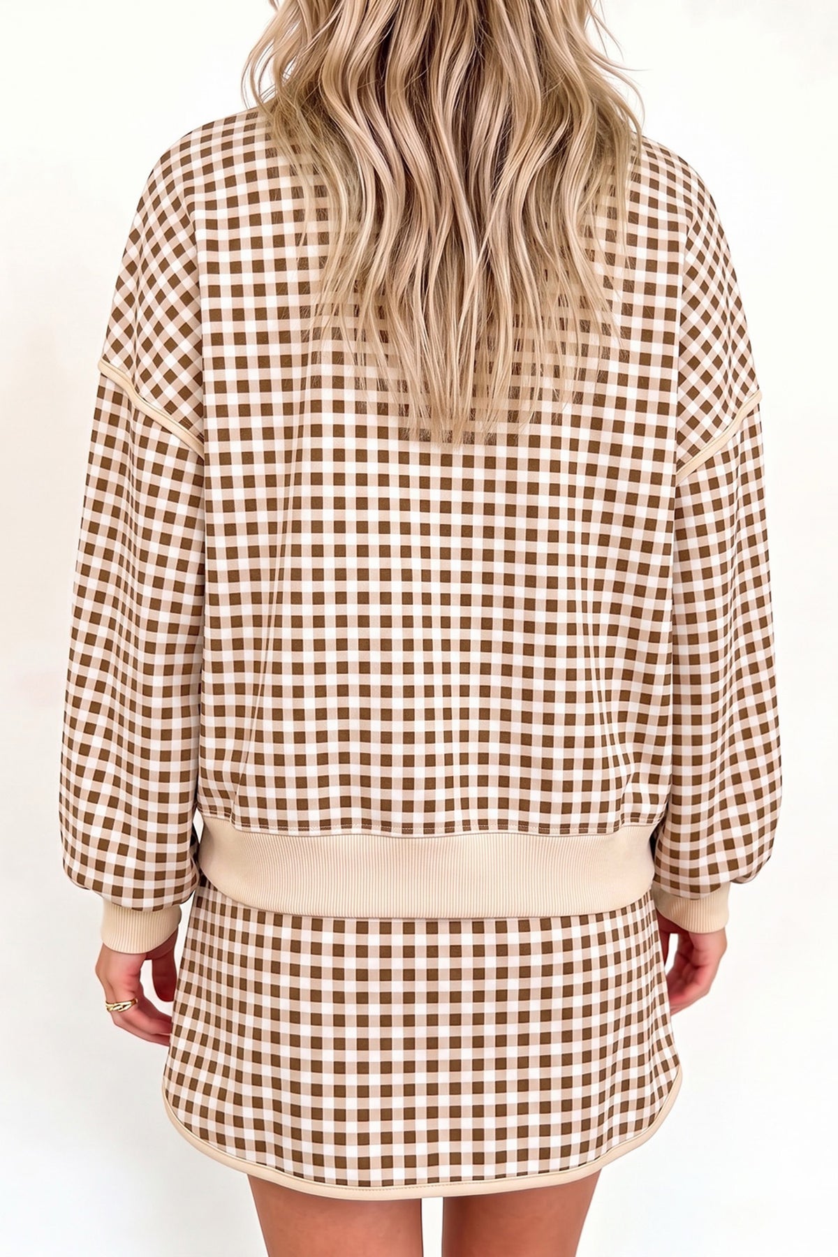 Brown gingham, oversized, pullover skort set