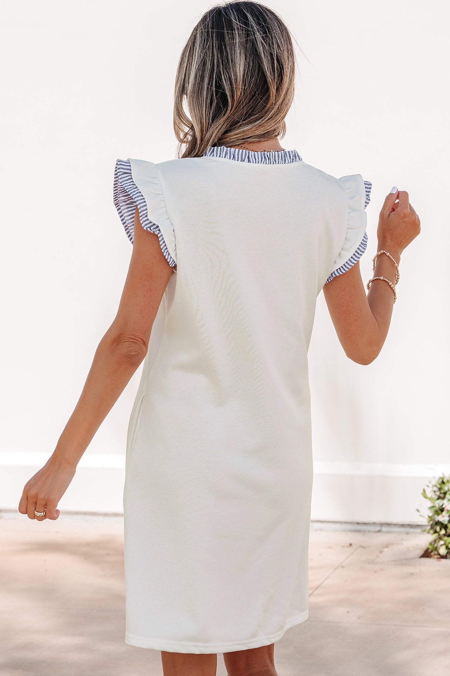 White stripe ruffle neck sleeveless dress