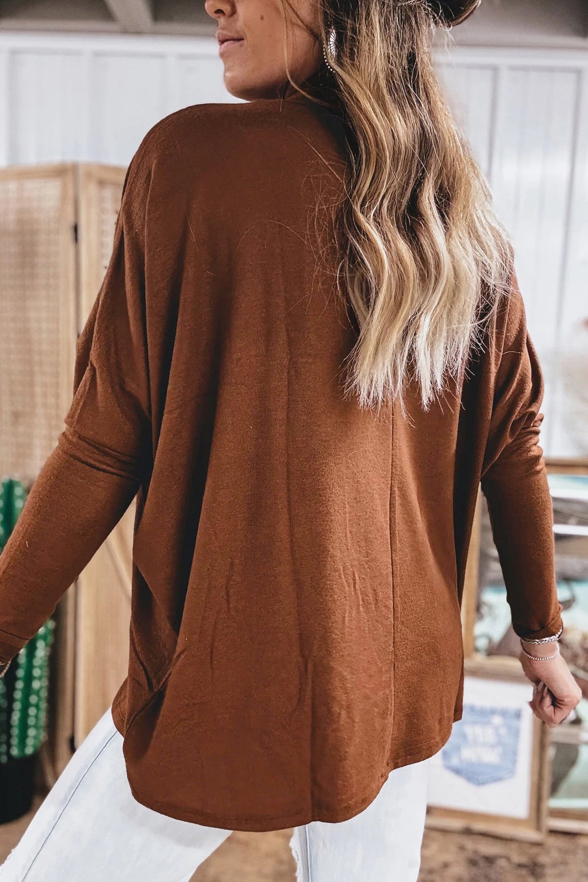 High neck loose Long Sleeve Top Sandalwood