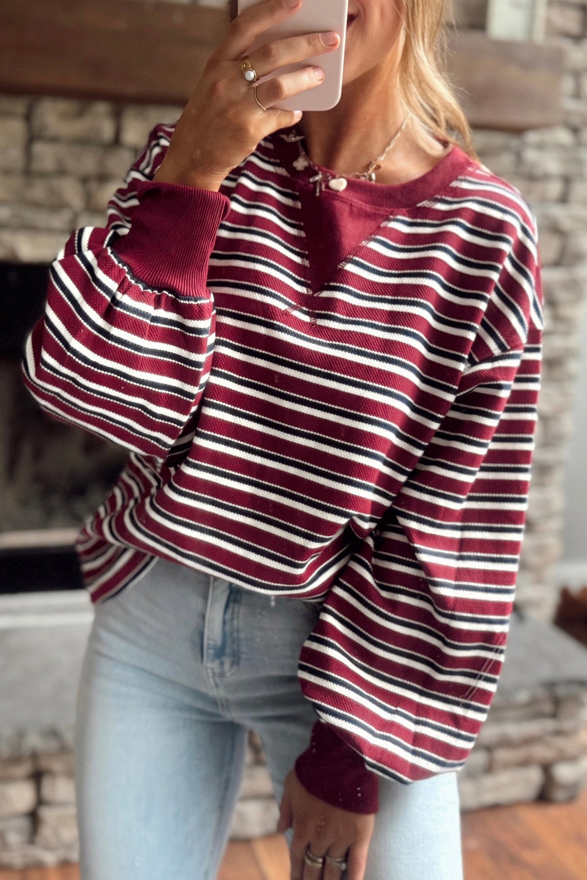 Red Stripe Puff Sleeve Sweater