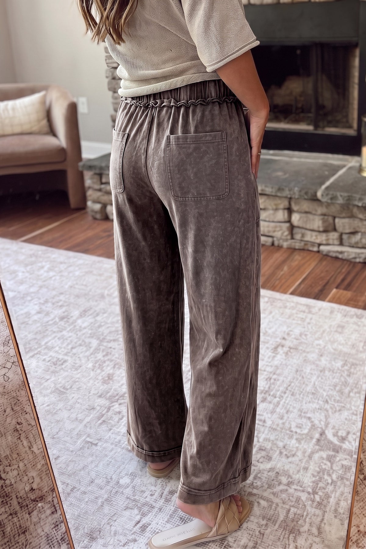 Coffee Mineral Wash Drawstring Flair Pants