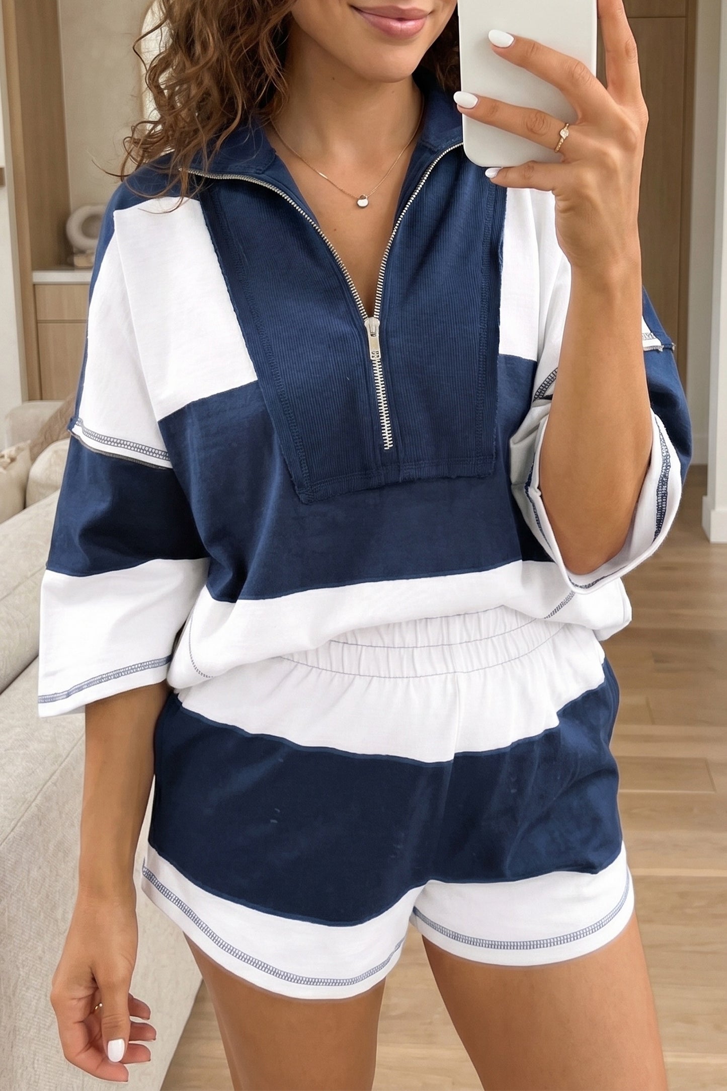 Prussian Blue Exposed Seam Detail Half Sleeve Set