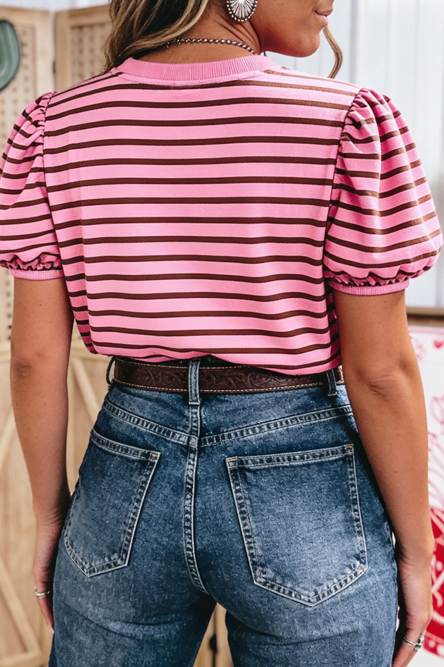 Rose Stripe Puff Sleeve Top
