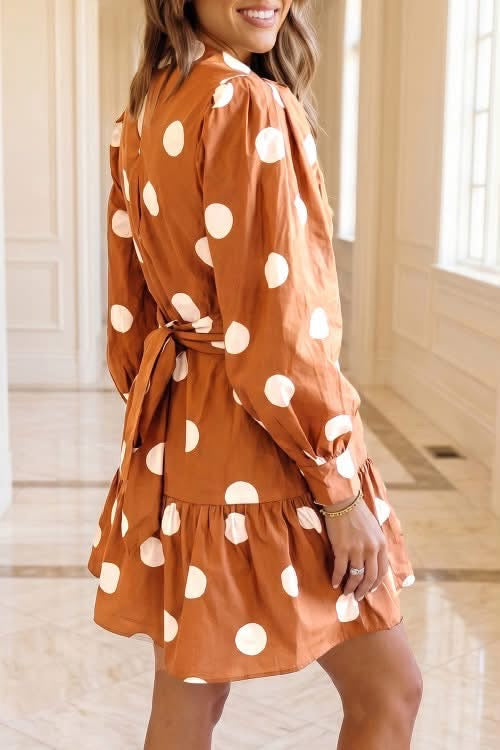 Brown polka dot long sleeve tie waist dress