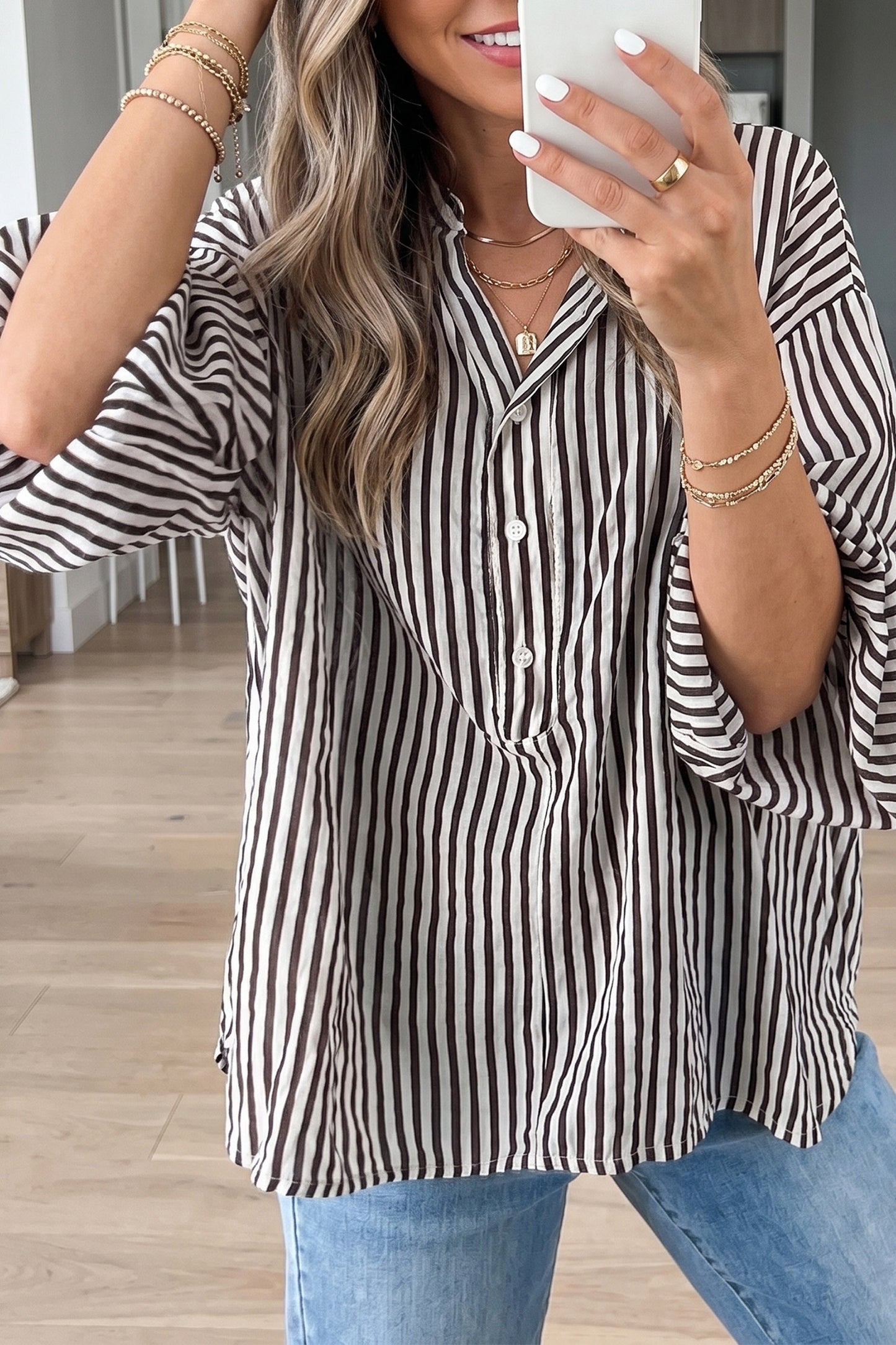 Black stripe half button-down oversized top