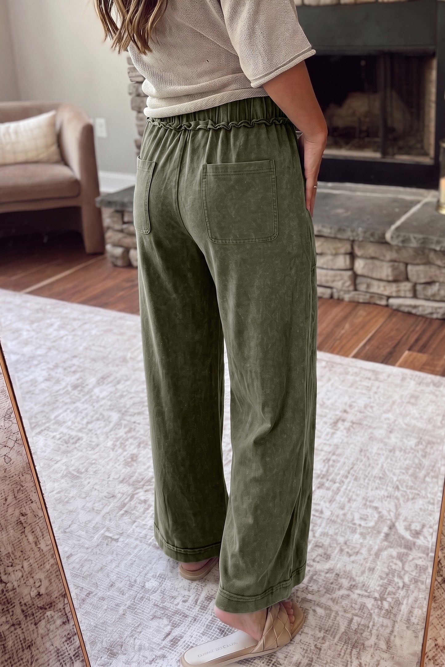 Jungle Green Mineral Wash Drawstring Flair Pants