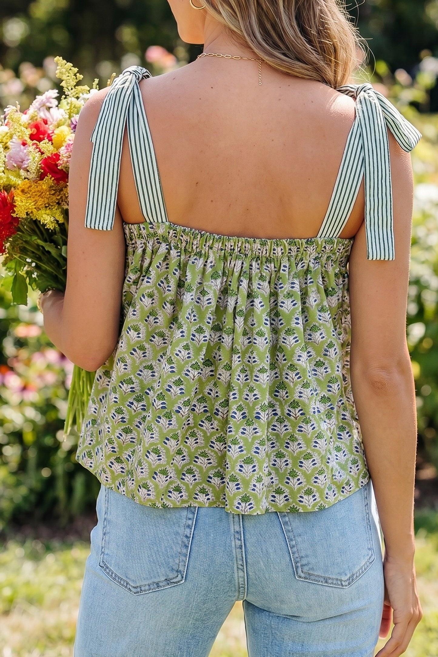 Green Floral Knot Top