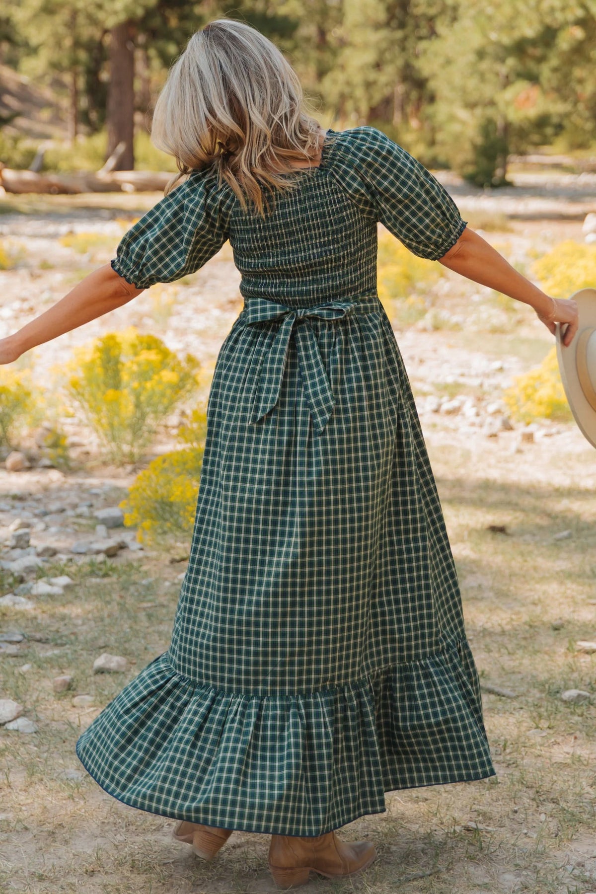 Green Plaid Square Neck Dress