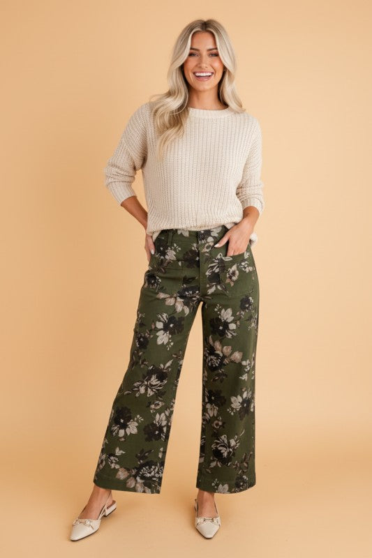 FLORAL DENIM PATCH POCKET STRAIGHT LEG