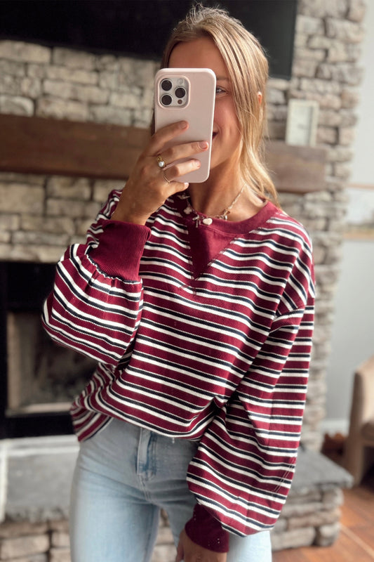 Red Stripe Puff Sleeve Sweater