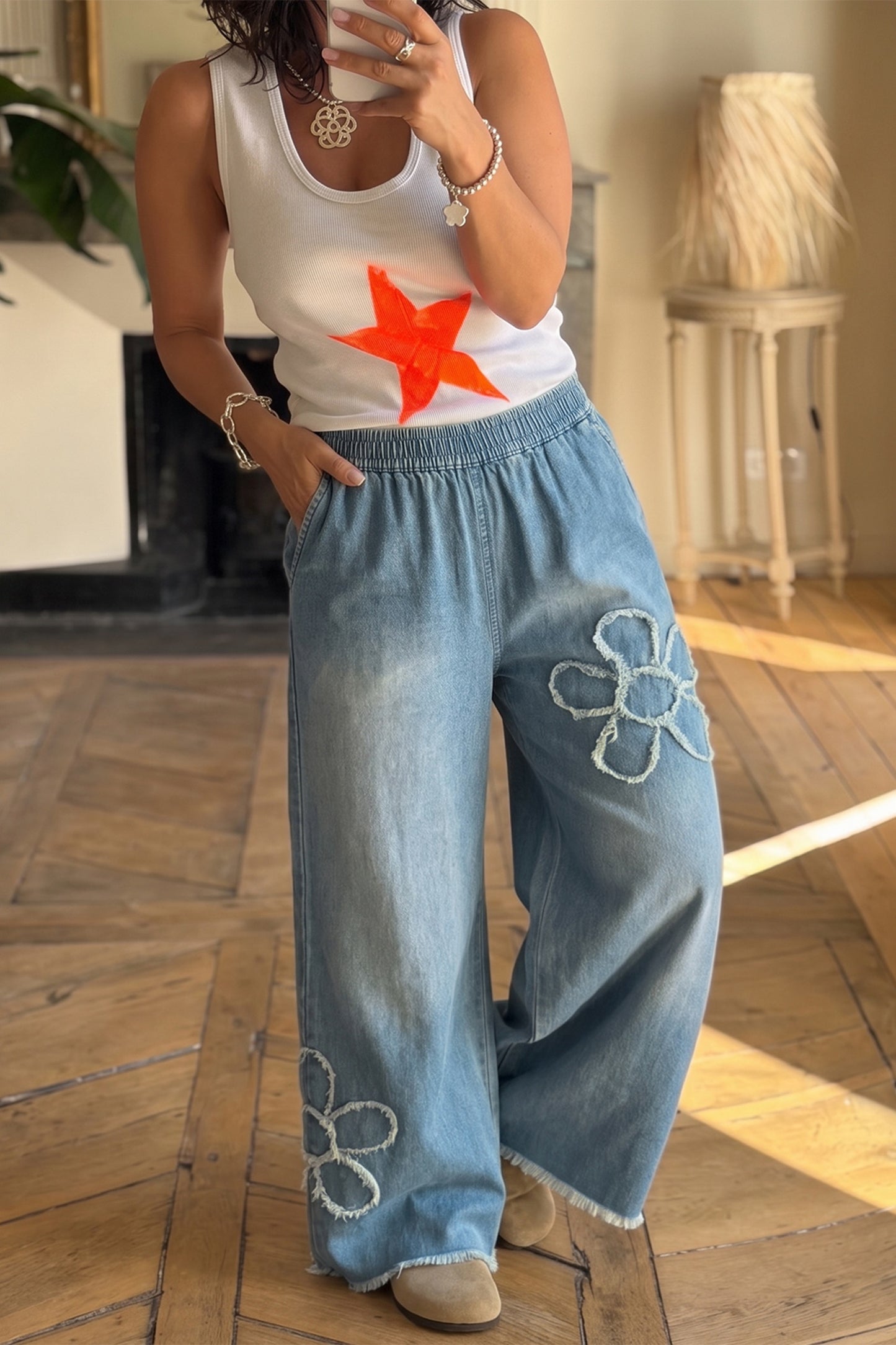 Beau Blue Wide Leg floral Jean