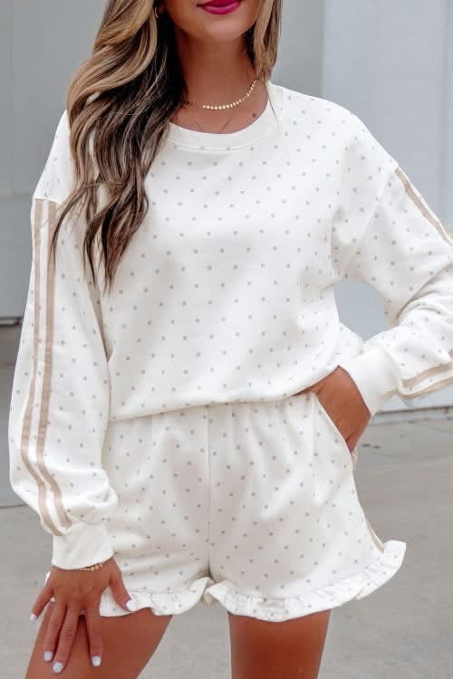 White polka dot side stripe sweatshirt shorts set