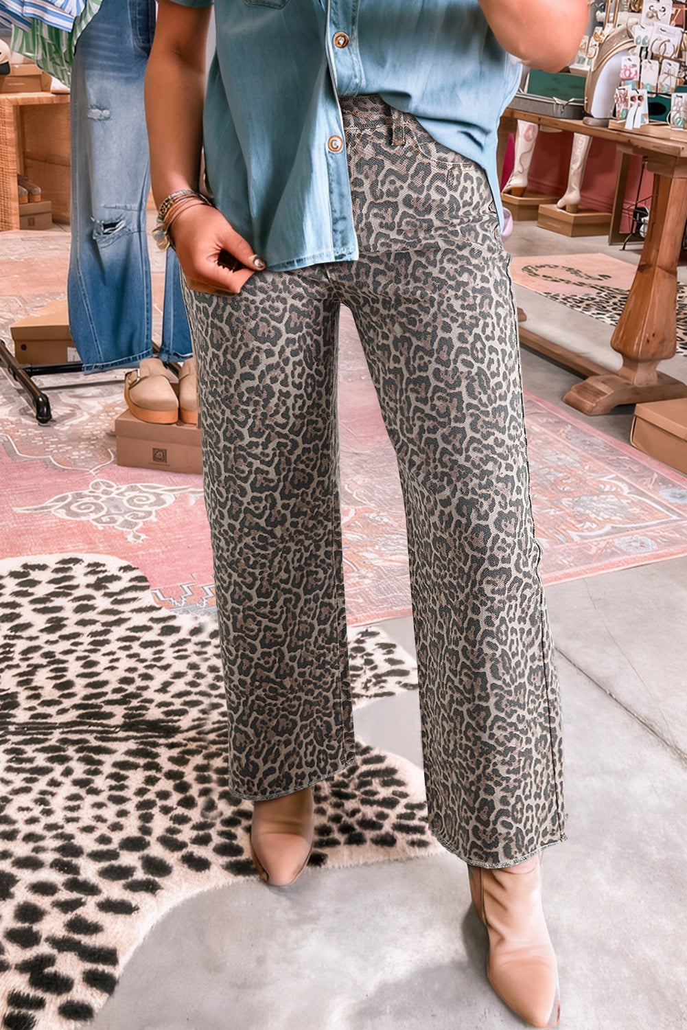 Brown Leopard Wide Leg Jeans