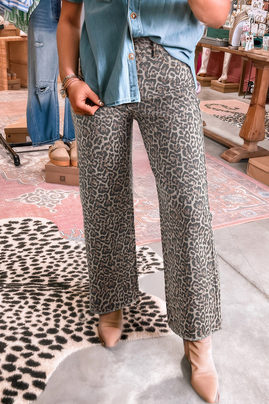 Brown Leopard Wide Leg Jeans