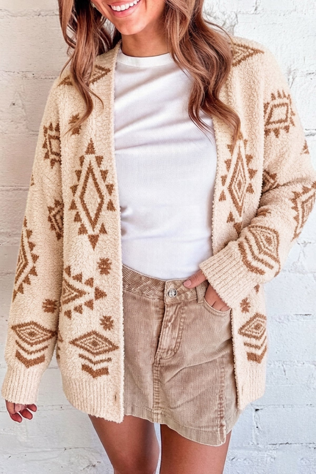 Oatmeal Fuzzy Aztec Print Open Knit
Sweater Tunic Cardigan