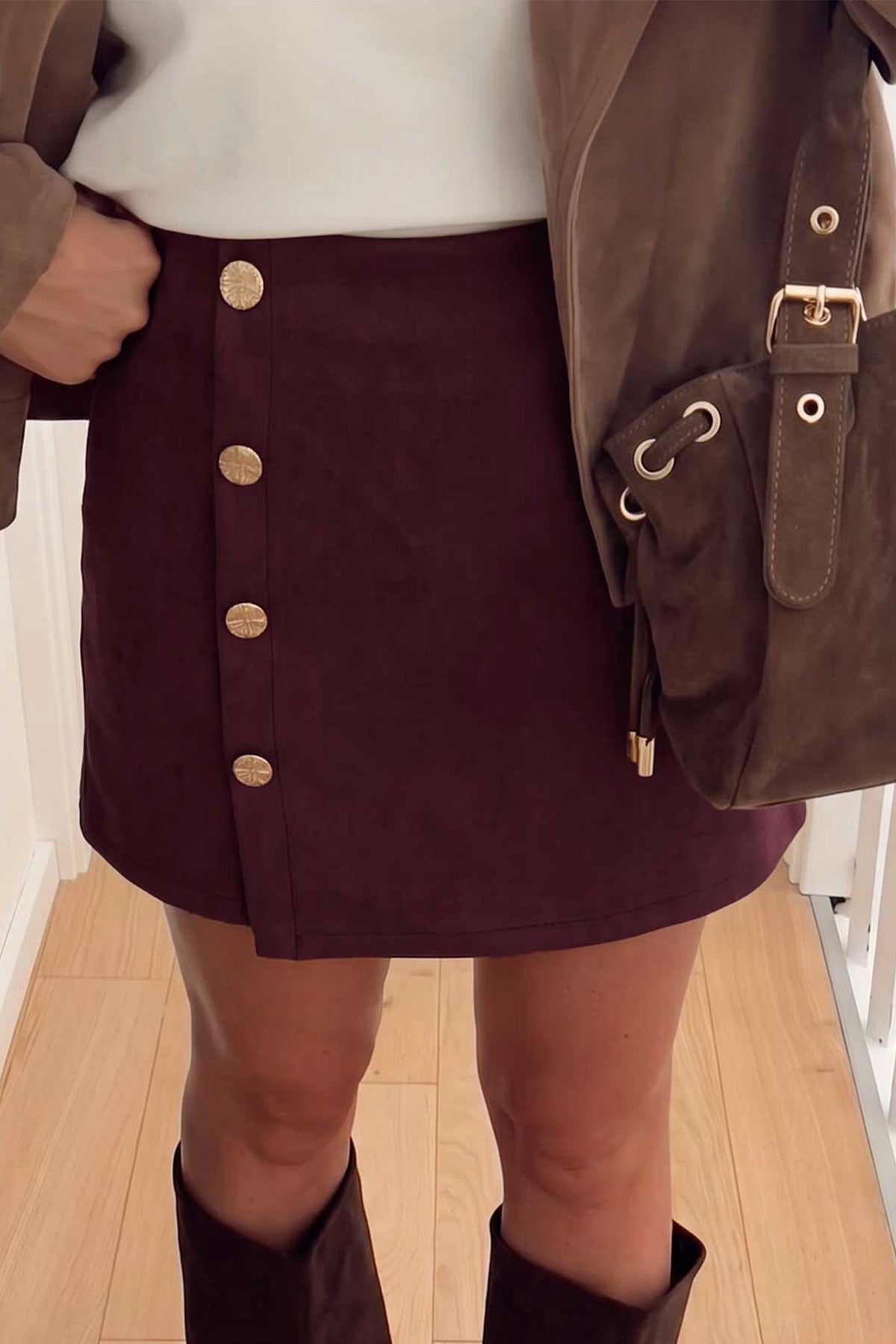 Coffee Gold Button Detail Skirt