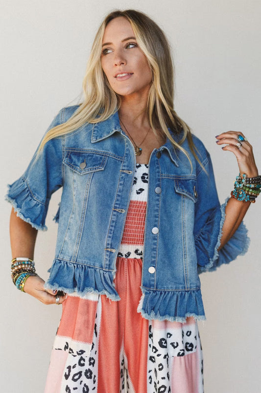 Blue Ruffle hem denim jacket