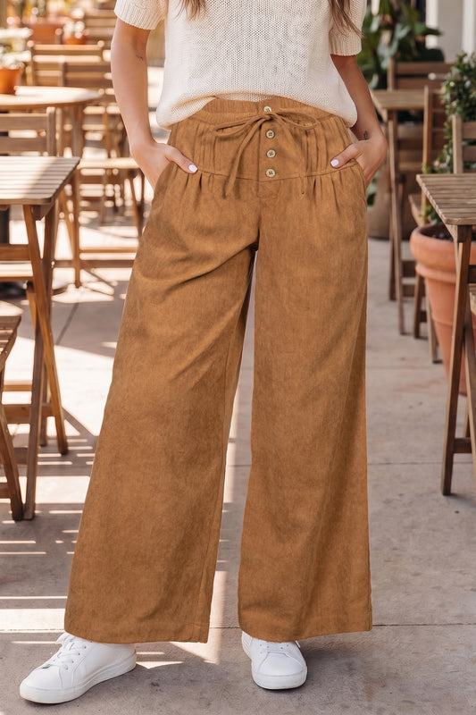 Thai Curry Elastic Waist Wooden Button
Placket Ankle Length Wide Leg Pant