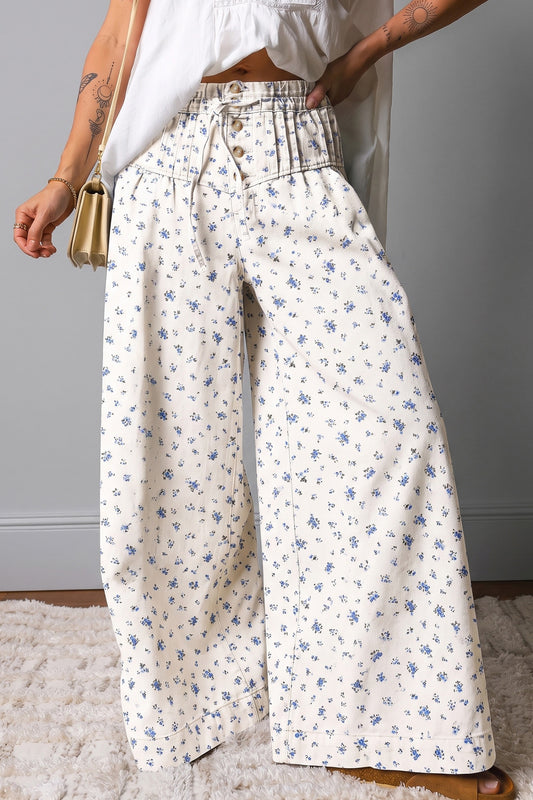 White floral Wide Leg Jeans