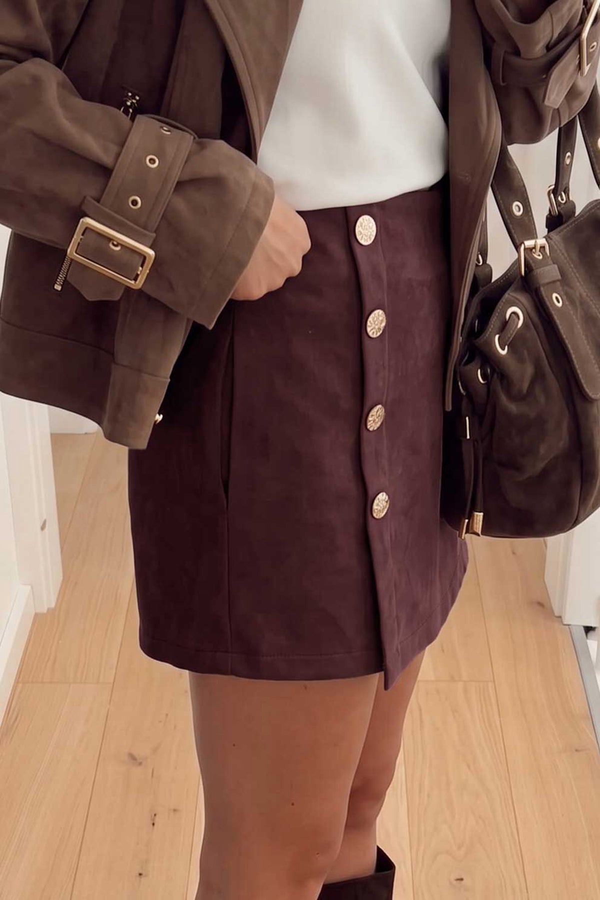 Coffee Gold Button Detail Skirt