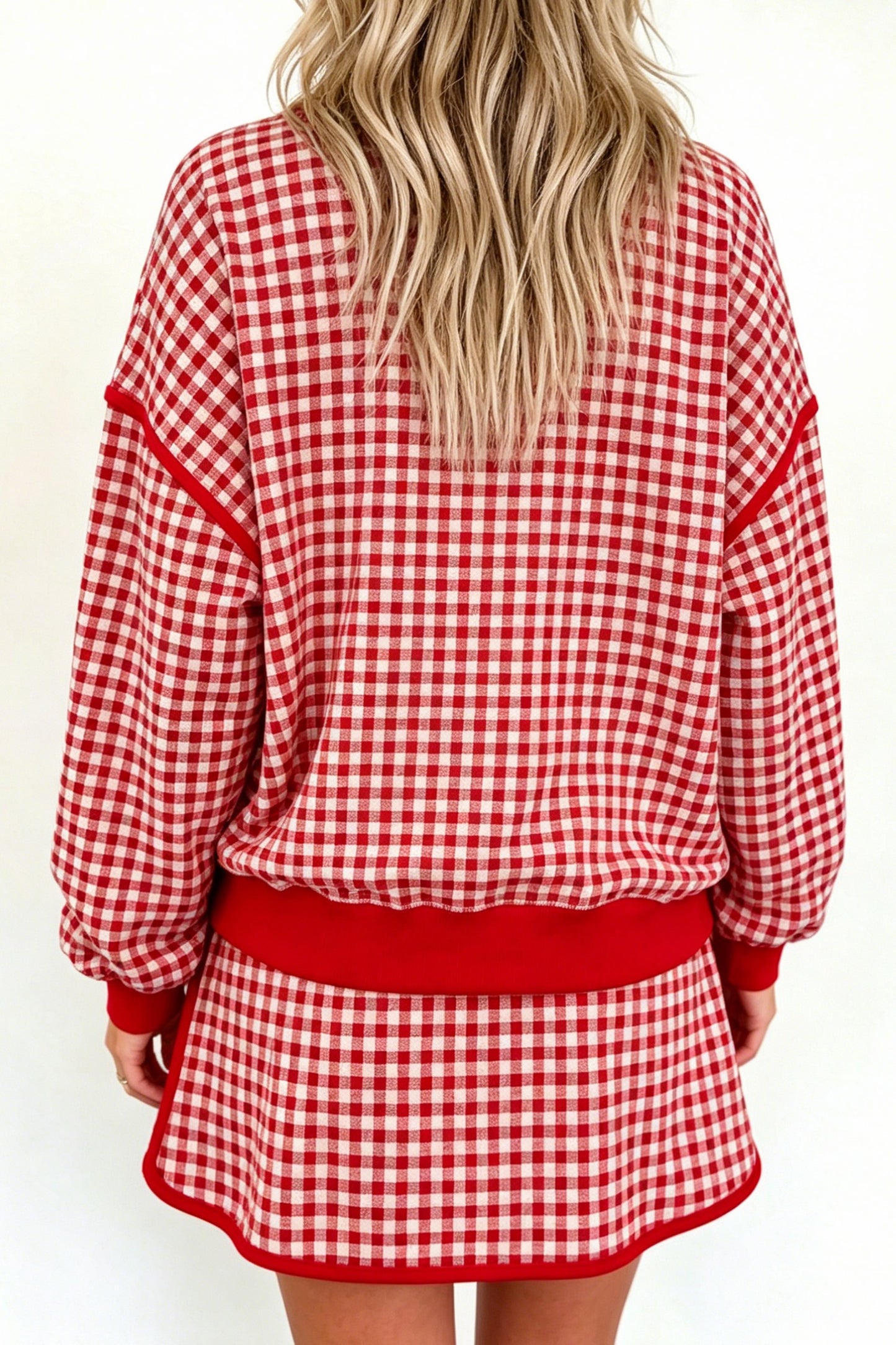 Red gingham, oversized, pullover skort set