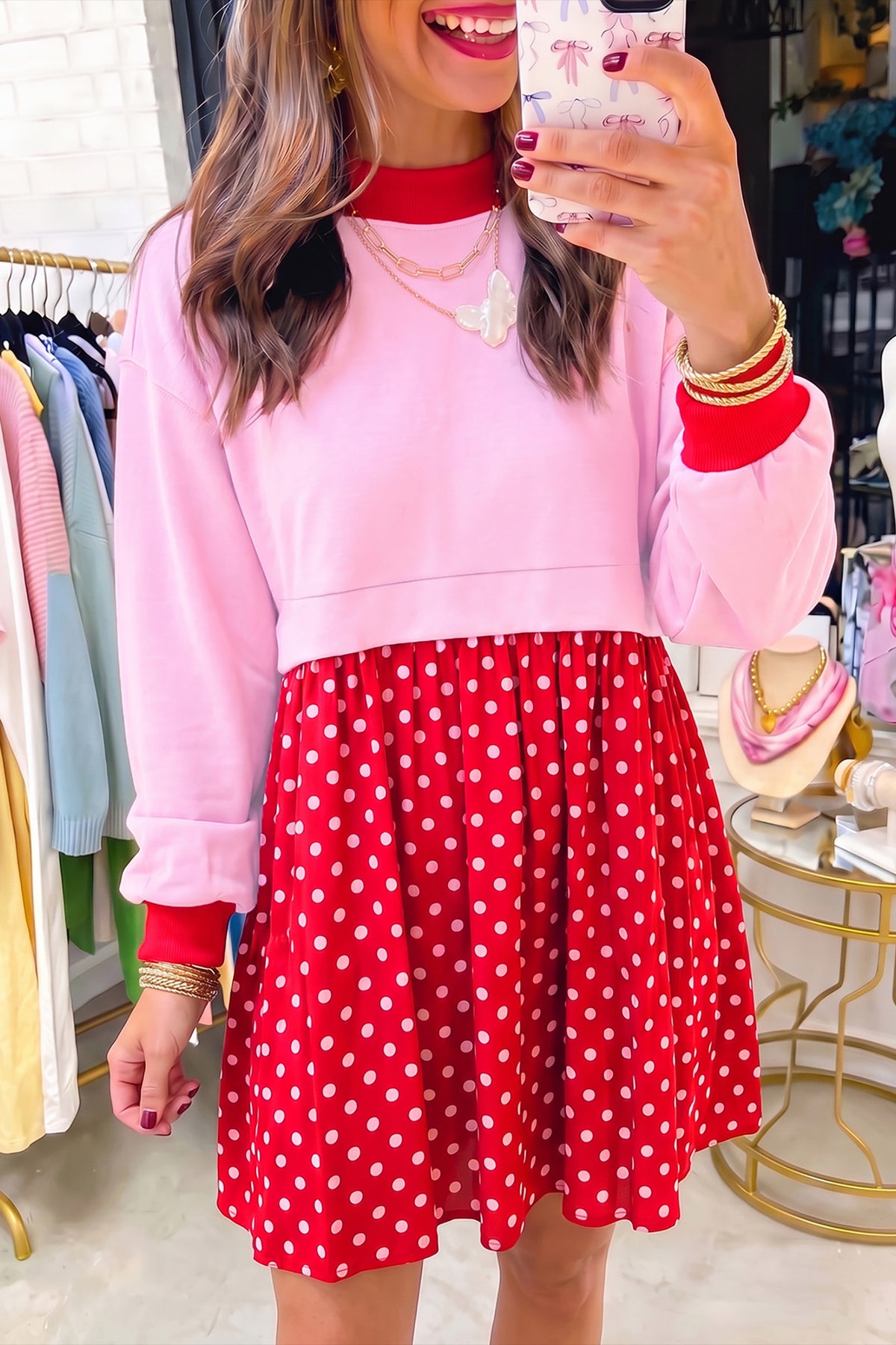 Pink Colorblock Polka Dot Dress