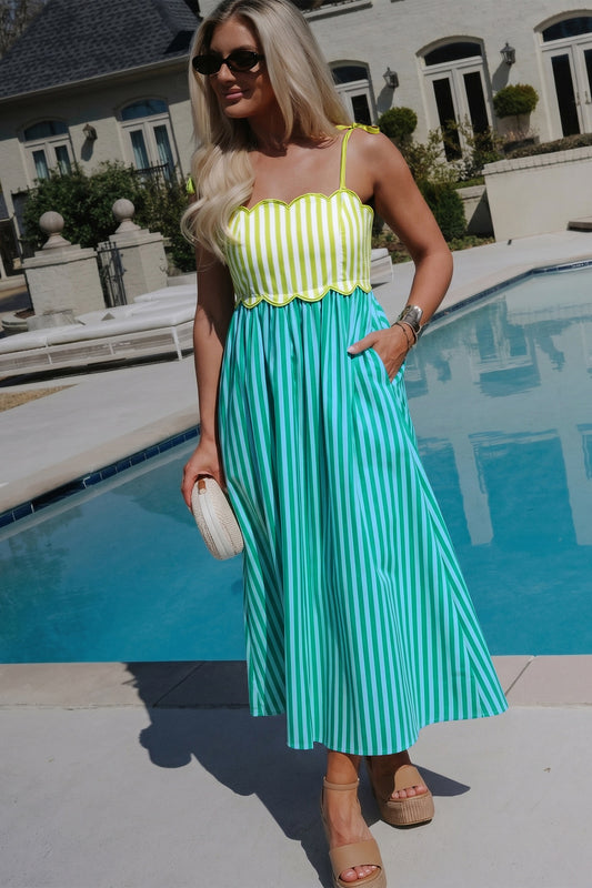 Green Stripe Scallop Maxi Dress