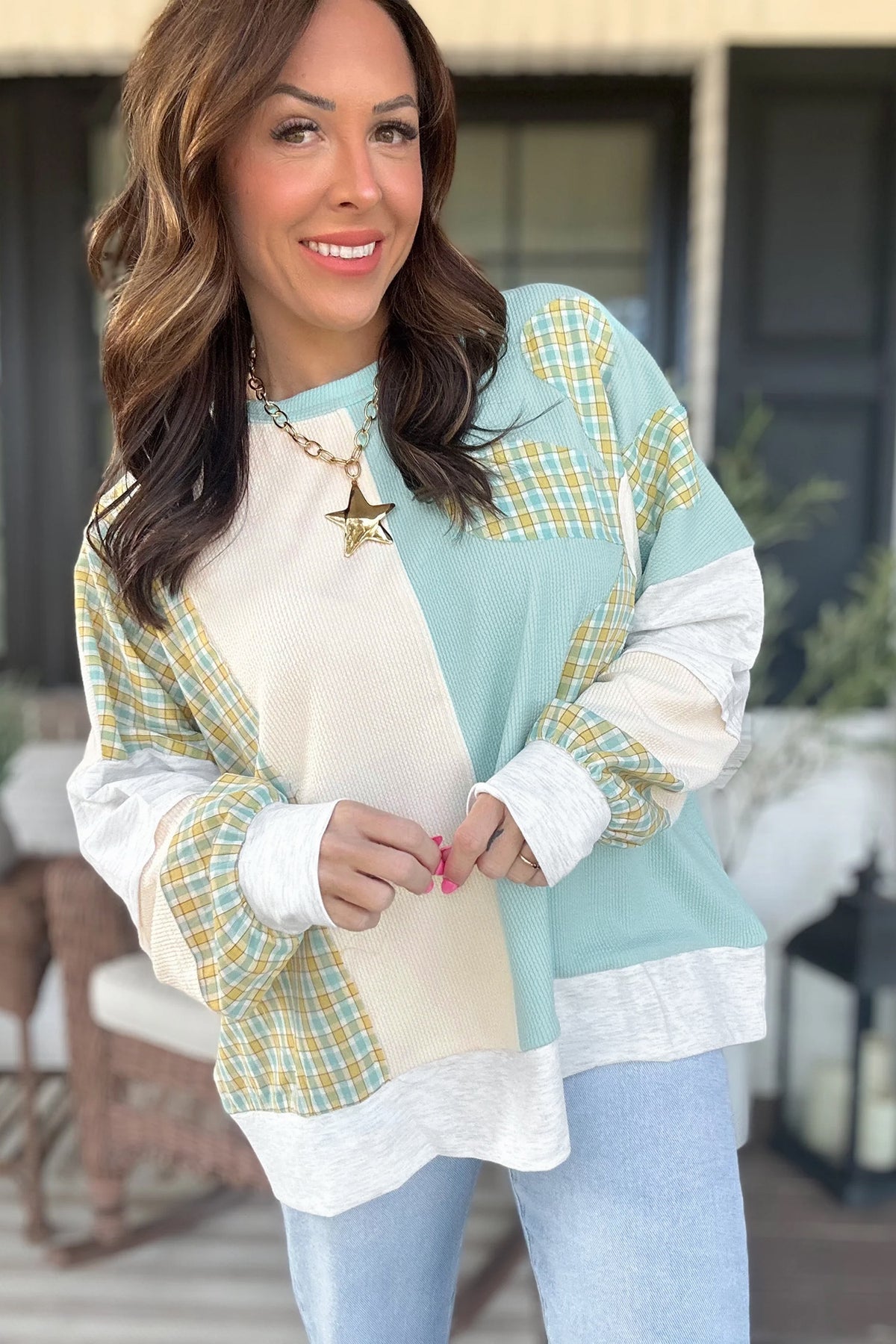 Light Blue patch work long sleeve top