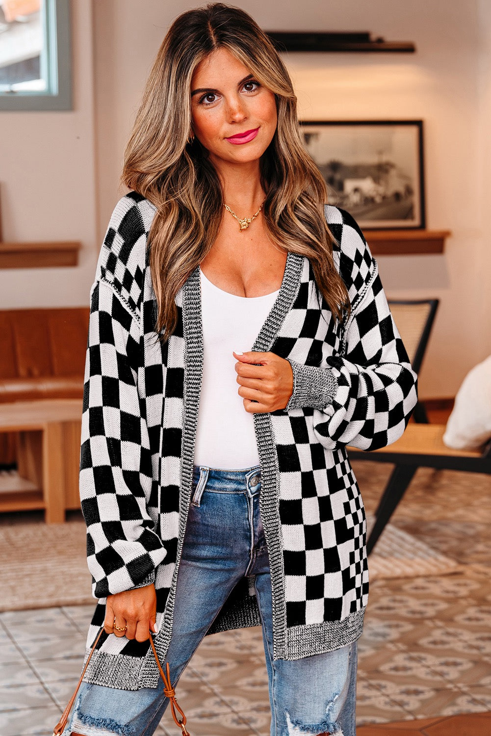 Open front cardigan checker