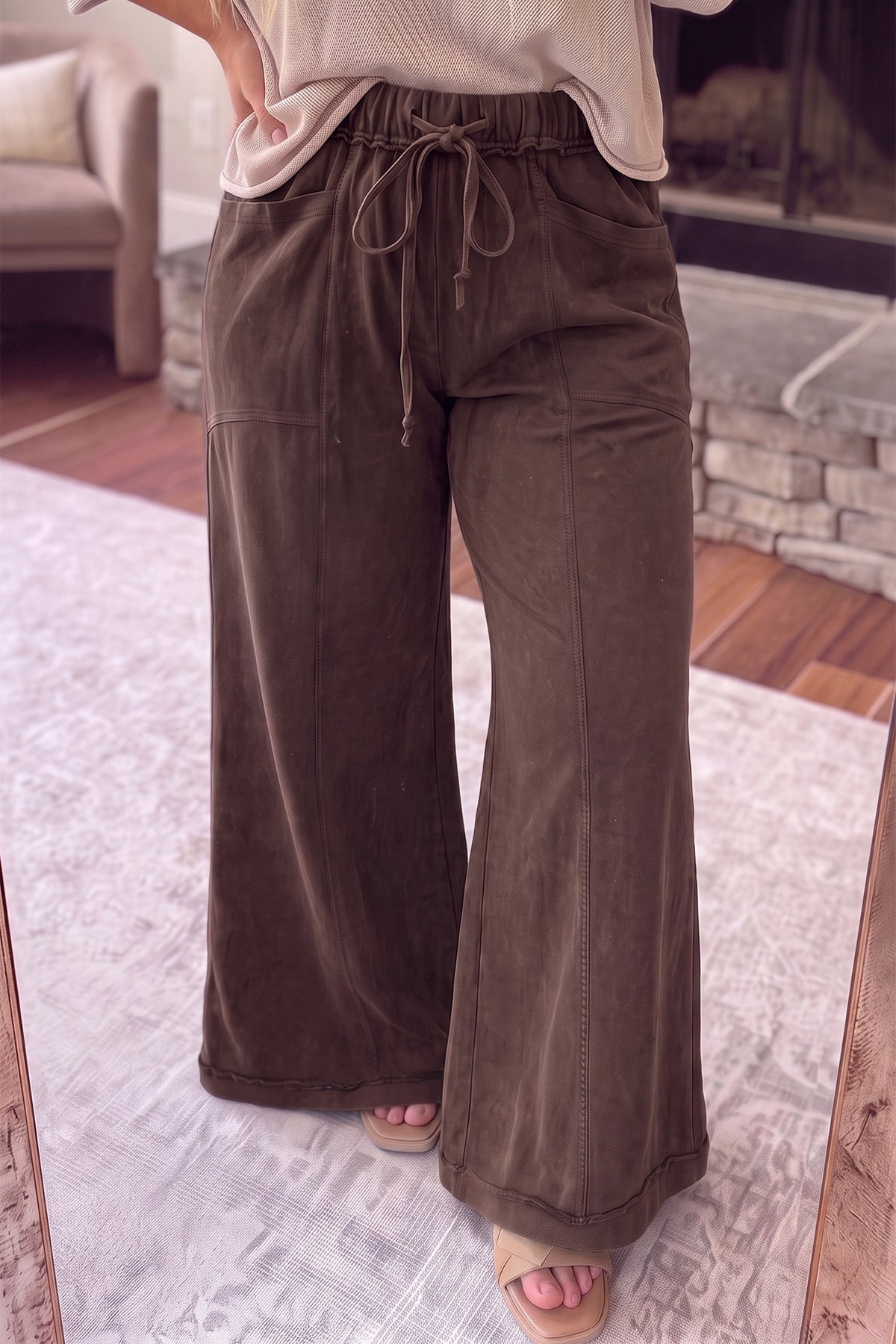 Coffee Mineral Wash Drawstring Flair Pants Plus