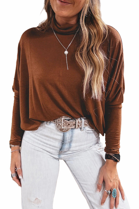 High neck loose Long Sleeve Top Sandalwood
