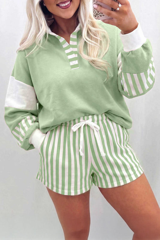 Smoke Green Striped Color Block Pullover
Top Drawstring Shorts Set