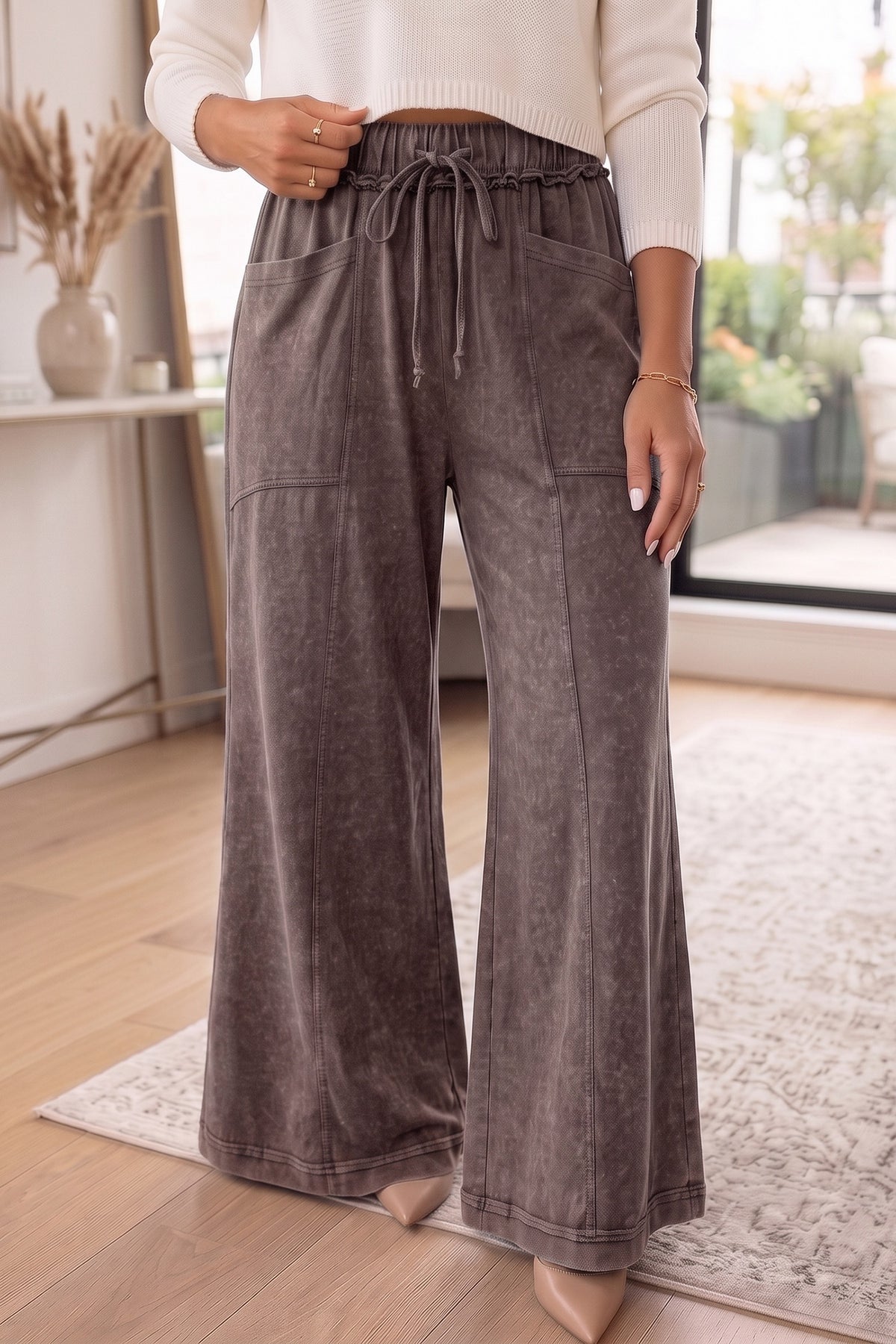 Coffee Mineral Wash Drawstring Flair Pants