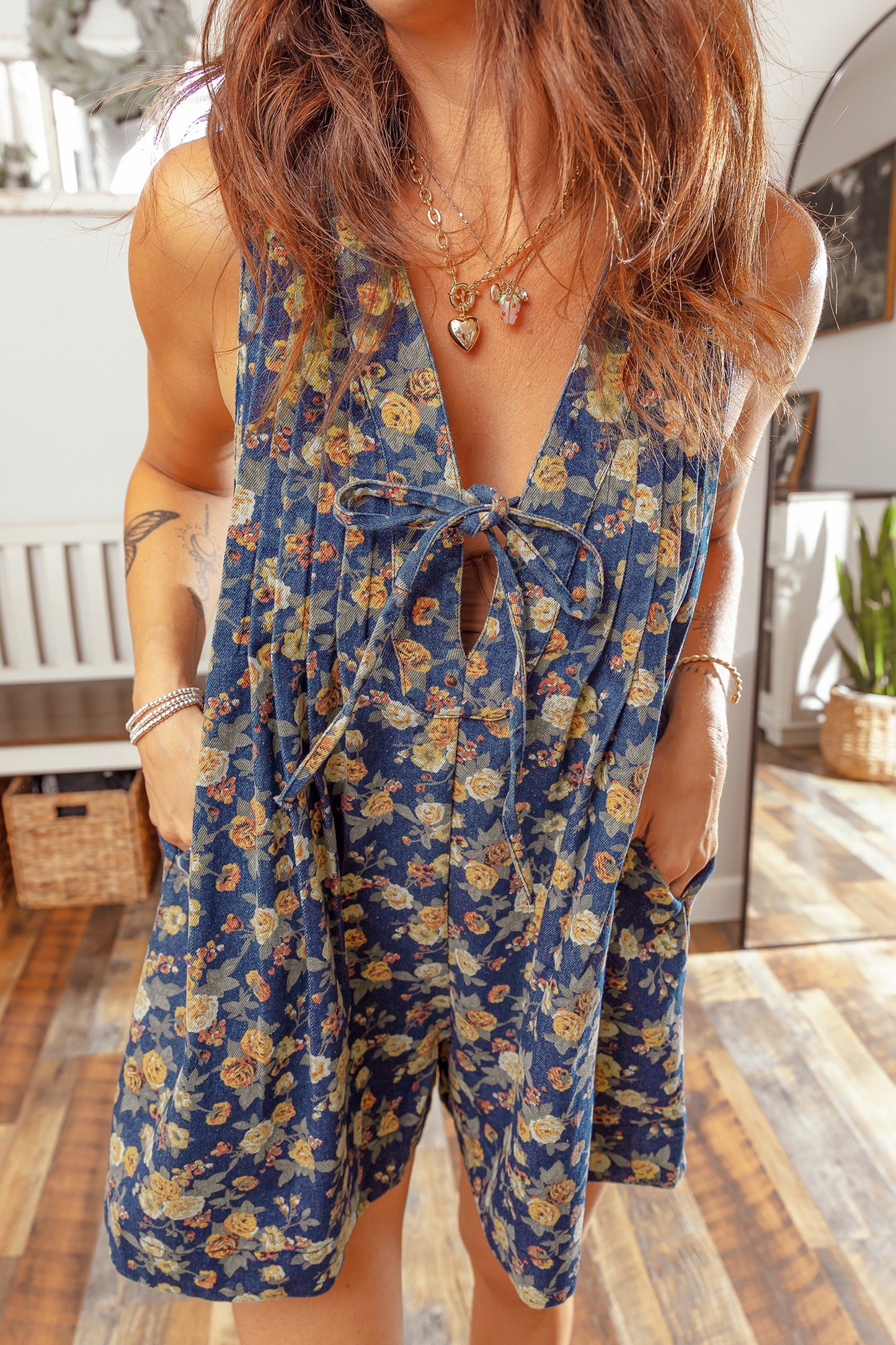Pleated Loose Denim Romper