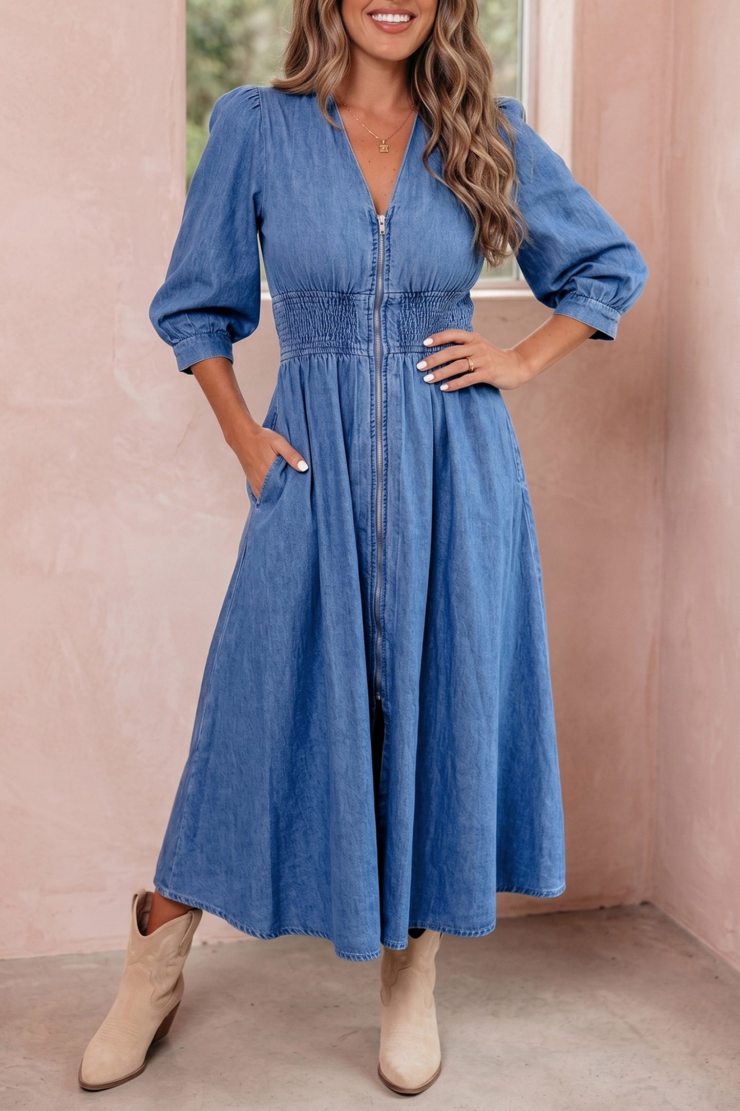 Blue V neck Shirred waist denim dress