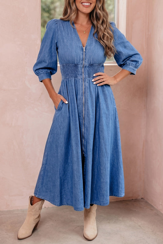Blue V neck Shirred waist denim dress