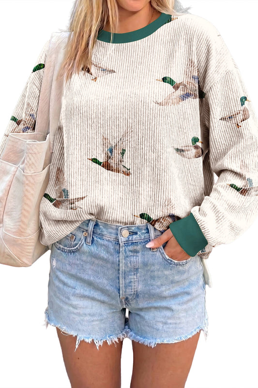 Beige Twisted Ribbed Duck Print
Crewneck Casual Pullover Top