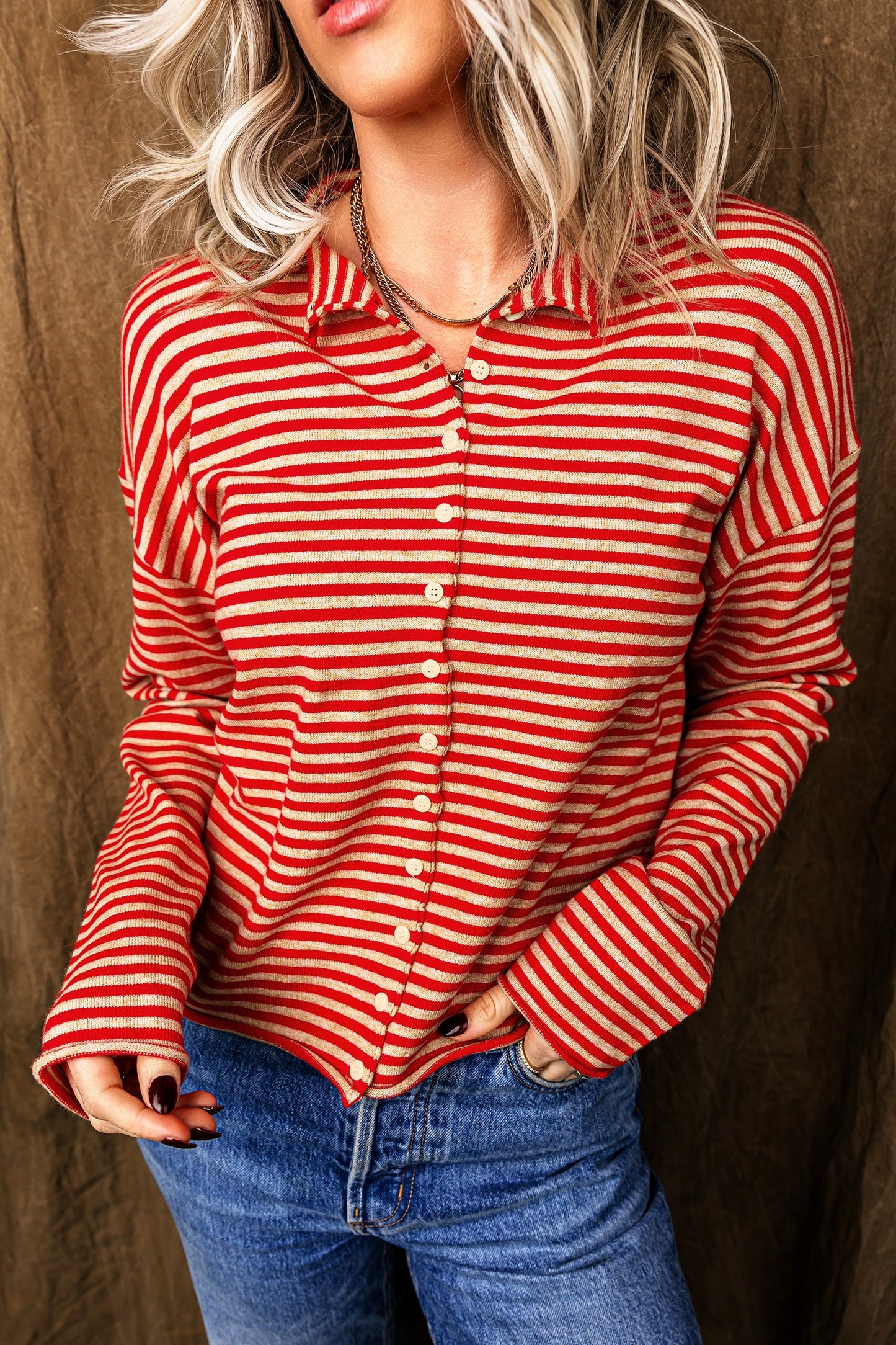 Red Stripe Long Sleeve Cardigan
