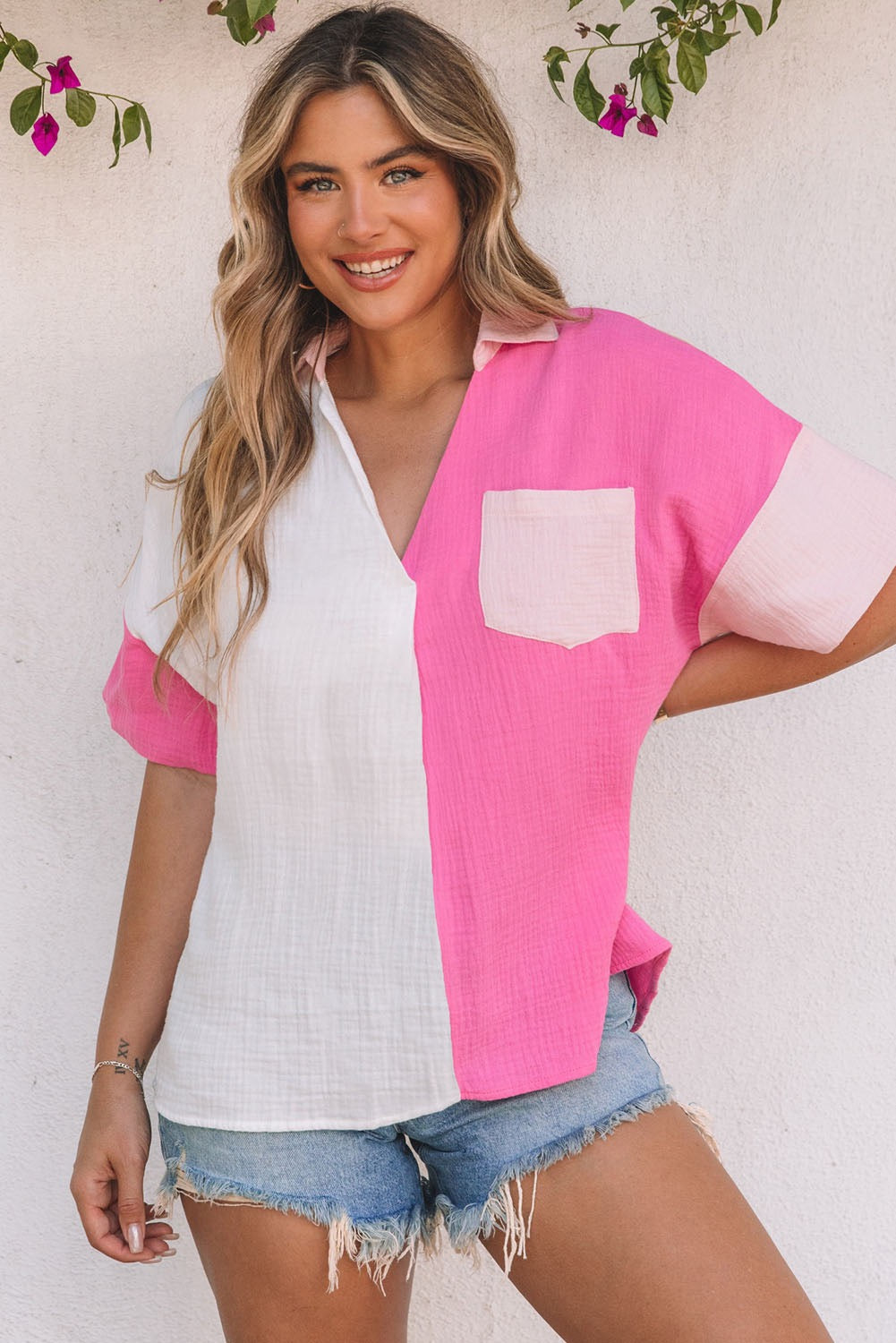 Rose Collar Color Block Top