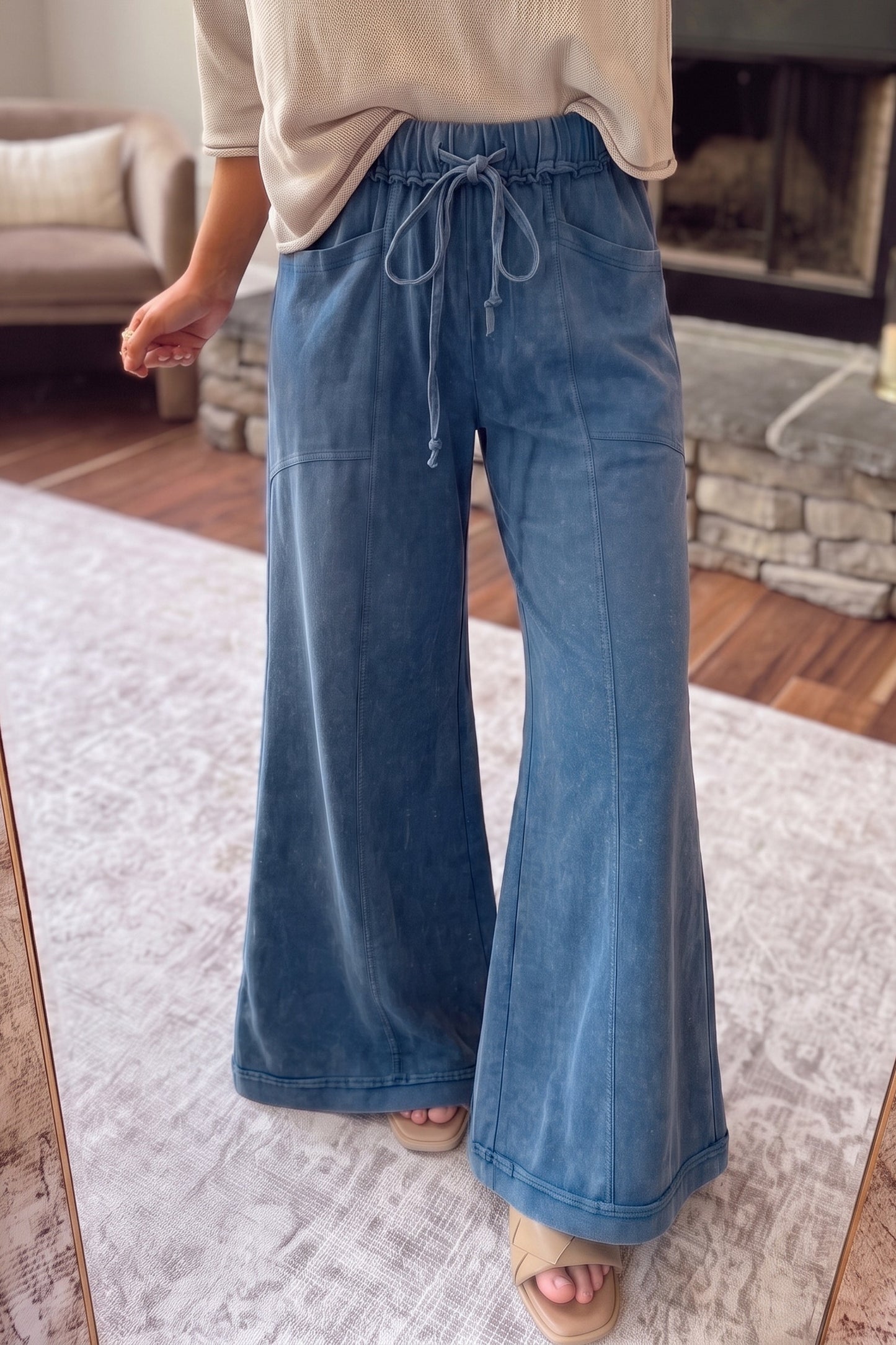 Ashleigh blue mineral wash flare leg drawstring pants