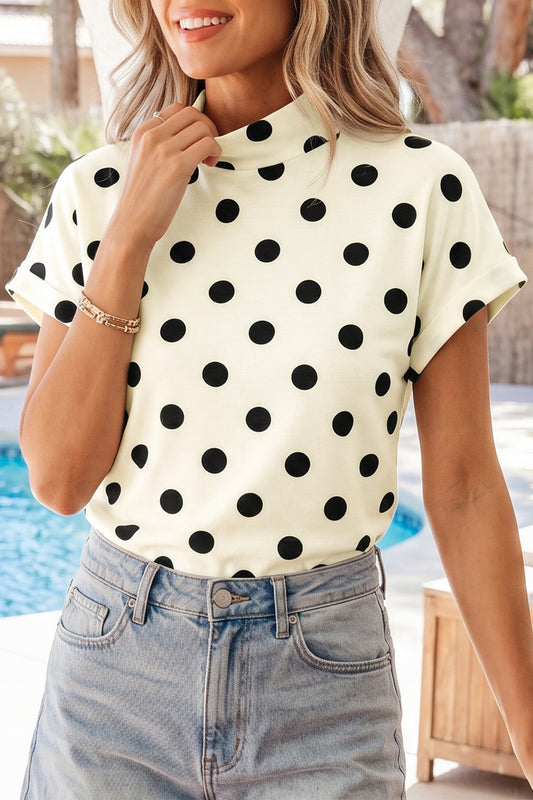 Beige polkadot mock neck top