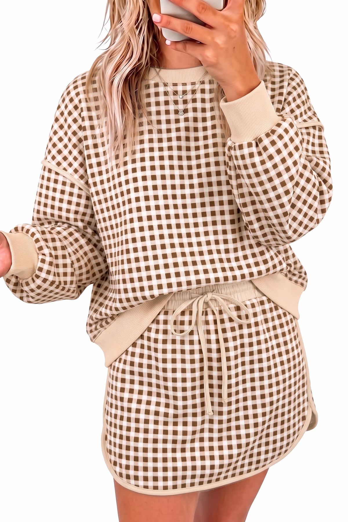 Brown  gingham, oversized, pullover skort set